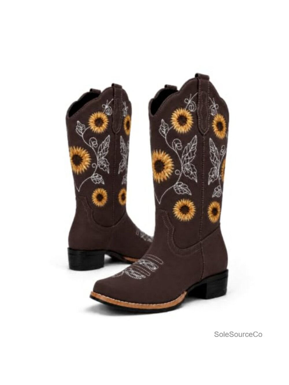 Women's Sunflower Cowboy Boots Square Toe Mid Calf Low Heel